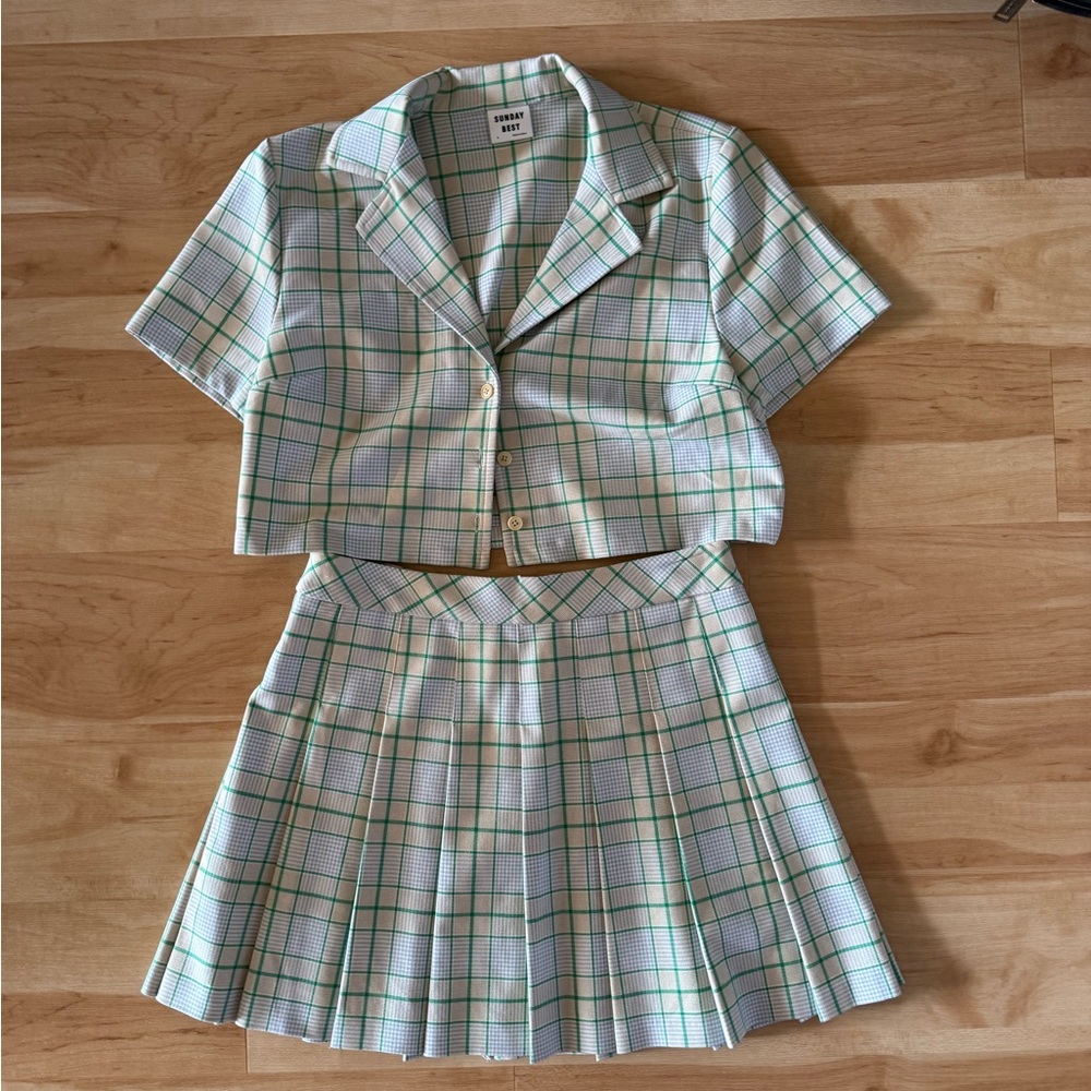 Sunday Best Plaid Green and Cream Skirt Set